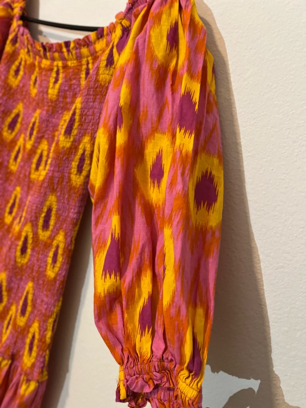 ZARA Vibrant Pink Yellow Printed Off Shoulder Smock Puff Sleeve Maxi Dress Beach - Picture 7 of 8